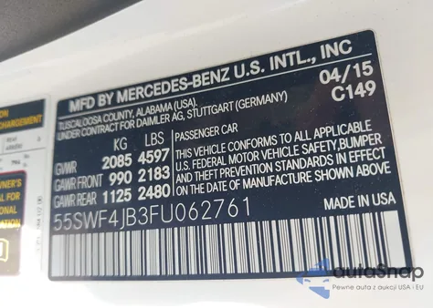 2015 Mercedes-Benz C 300 from USA, damaged, VIN 55SWF4JB3FU062761